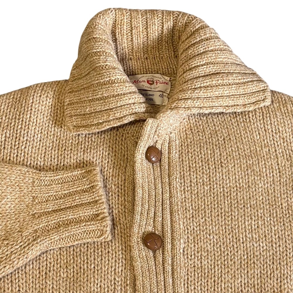 Vintage Alan Paine Cardigan Mens 46 Large Tan Shetland Wool Shawl Collar England